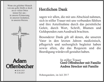 Traueranzeige von Adam Offenbacher von Thüringer Allgemeine