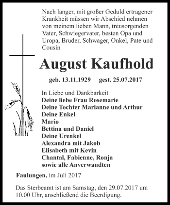 Traueranzeige von August Kaufhold von Thüringer Allgemeine, Thüringische Landeszeitung