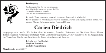 Traueranzeige von Carien Diedrich von Thüringer Allgemeine, Thüringische Landeszeitung