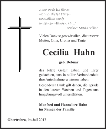 Traueranzeige von Cecilia Hahn von Thüringer Allgemeine, Thüringische Landeszeitung