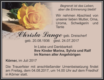 Traueranzeige von Christa Lange von Thüringer Allgemeine, Thüringische Landeszeitung