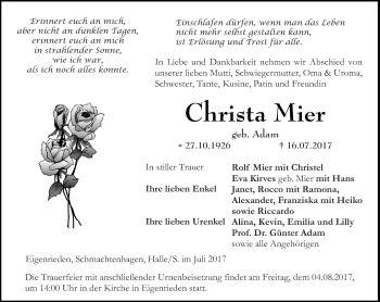 Traueranzeige von Christa Mier von Thüringer Allgemeine, Thüringische Landeszeitung