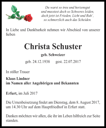 Traueranzeige von Christa Schuster von Thüringer Allgemeine, Thüringische Landeszeitung