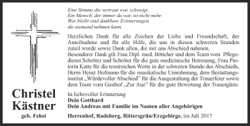 Traueranzeige von Christel Kästner von Ostthüringer Zeitung, Thüringische Landeszeitung