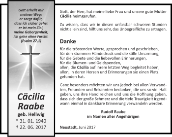 Traueranzeige von Cäcilia Raabe von Thüringer Allgemeine