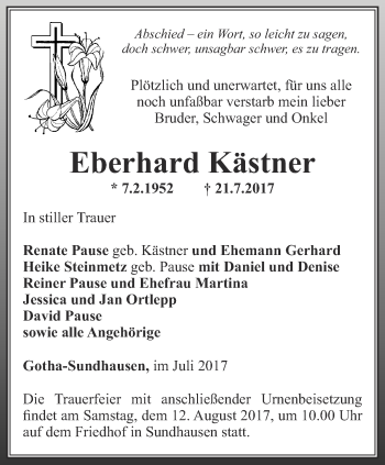 Traueranzeige von Eberhard Kästner von Ostthüringer Zeitung, Thüringische Landeszeitung