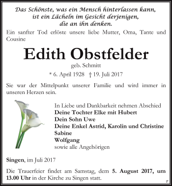 Traueranzeige von Edith Obstfelder von Thüringer Allgemeine