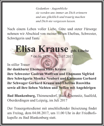 Traueranzeige von Elisa Krause