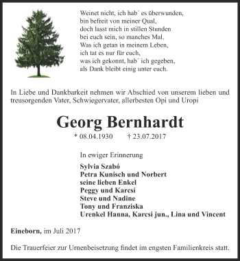 Traueranzeige von Georg Bernhardt von Ostthüringer Zeitung