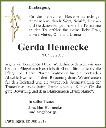 Traueranzeige von Gerda Hennecke von Thüringer Allgemeine