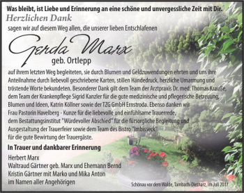 Traueranzeige von Gerda Marx von Ostthüringer Zeitung, Thüringische Landeszeitung