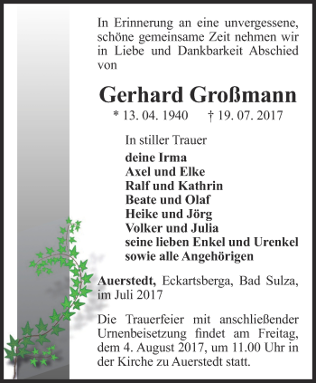 Traueranzeige von Gerhard Großmann von Thüringer Allgemeine, Thüringische Landeszeitung