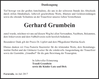 Traueranzeige von Gerhard Grumbein von Thüringer Allgemeine, Thüringische Landeszeitung