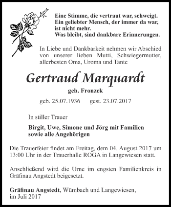 Traueranzeige von Gertraud Marquardt von Thüringer Allgemeine