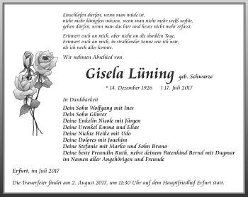 Traueranzeige von Gisela Lüning