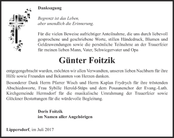 Traueranzeige von Günter Foitzik von Ostthüringer Zeitung