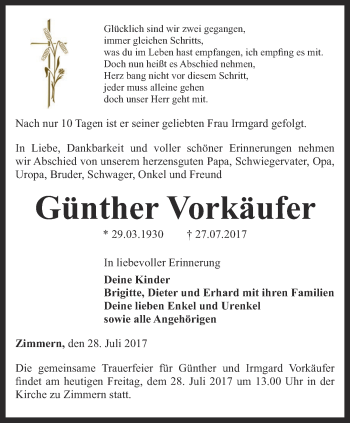 Traueranzeige von Günther Vorkäufer von Ostthüringer Zeitung, Thüringische Landeszeitung