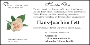 Traueranzeige von Hans-Joachim Fett von Thüringer Allgemeine, Thüringische Landeszeitung