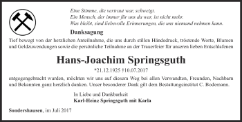 Traueranzeige von Hans-Joachim Springsguth von Thüringer Allgemeine