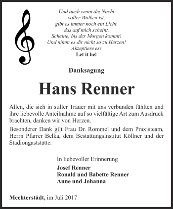 Traueranzeige von Hans Renner von Ostthüringer Zeitung, Thüringische Landeszeitung