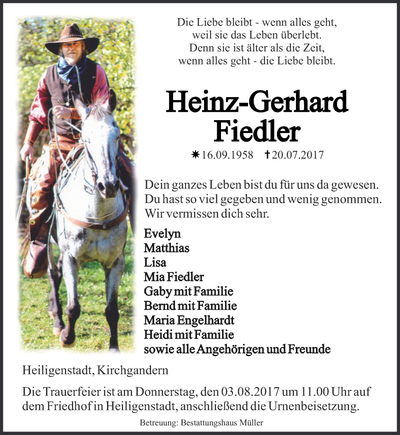  Traueranzeige für Heinz-Gerhard Fiedler vom 29.07.2017 aus Thüringer Allgemeine