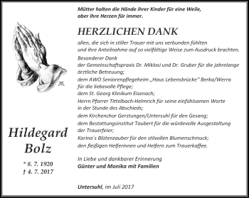 Traueranzeige von Hildegard Bolz von Thüringer Allgemeine, Thüringische Landeszeitung