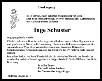 Traueranzeige von Inge Schuster von Ostthüringer Zeitung