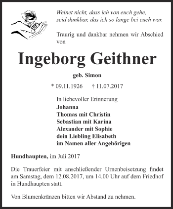 Traueranzeige von Ingeborg Geithner von Ostthüringer Zeitung