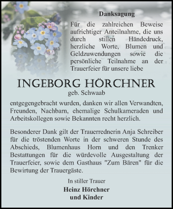 Traueranzeige von Ingeborg Hörchner von Ostthüringer Zeitung, Thüringische Landeszeitung