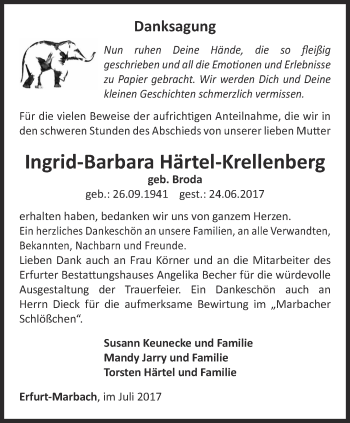 Traueranzeige von Ingrid-Barbara Härtel-Krellenberg von Thüringer Allgemeine, Thüringische Landeszeitung