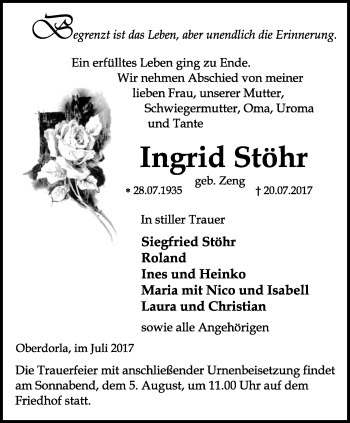 Traueranzeige von Ingrid Stöhr von Thüringer Allgemeine, Thüringische Landeszeitung