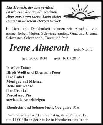 Traueranzeige von Irene Almeroth von Ostthüringer Zeitung, Thüringische Landeszeitung