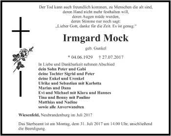 Traueranzeige von Irmgard Mock von Thüringer Allgemeine