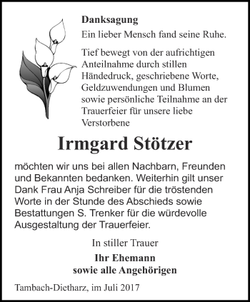 Traueranzeige von Irmgard Stötzer von Ostthüringer Zeitung, Thüringische Landeszeitung