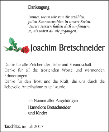 Traueranzeige von Joachim Bretschneider von Ostthüringer Zeitung