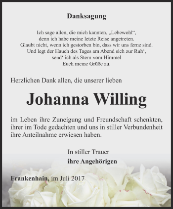 Traueranzeige von Johanna Willing von Thüringer Allgemeine