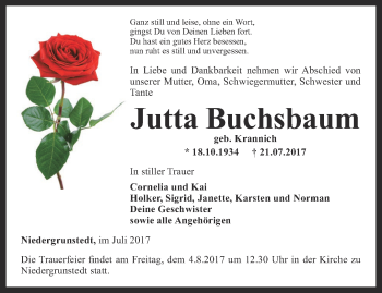 Traueranzeige von Jutta Buchsbaum von Thüringer Allgemeine, Thüringische Landeszeitung