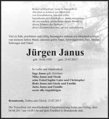 Traueranzeige von Jürgen Janus von Thüringer Allgemeine