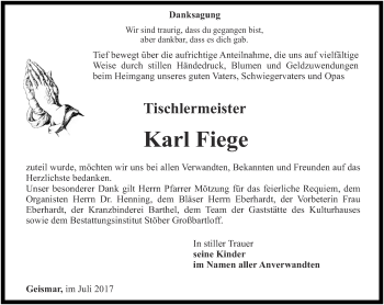 Traueranzeige von Karl Fiege von Thüringer Allgemeine