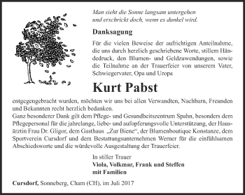 Traueranzeige von Kurt Pabst von Ostthüringer Zeitung, Thüringische Landeszeitung