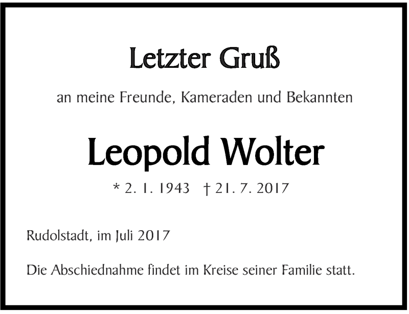  Traueranzeige für Leopold Wolter vom 29.07.2017 aus Ostthüringer Zeitung
