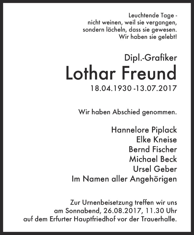  Traueranzeige für Lothar Freund vom 29.07.2017 aus Thüringer Allgemeine, Thüringische Landeszeitung