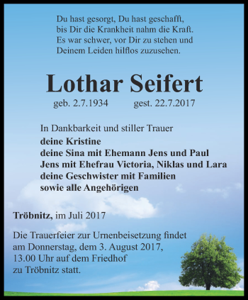 Traueranzeige von Lothar Seifert von Ostthüringer Zeitung