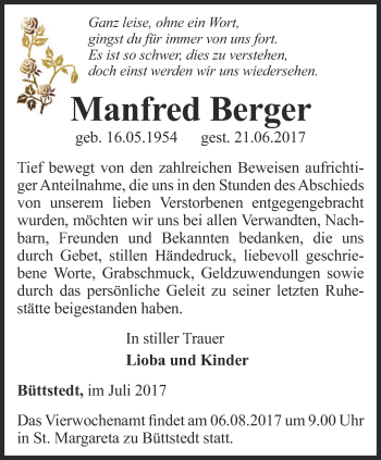 Traueranzeige von Manfred Berger von Thüringer Allgemeine