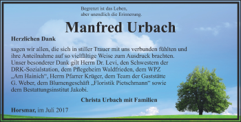 Traueranzeige von Manfred Urbach von Thüringer Allgemeine, Thüringische Landeszeitung