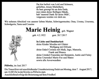 Traueranzeige von Marie Heinig von Ostthüringer Zeitung