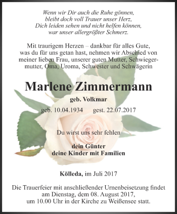 Traueranzeige von Marlene Zimmermann von Thüringer Allgemeine