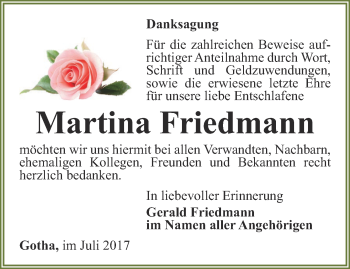 Traueranzeige von Martina Friedmann von Ostthüringer Zeitung, Thüringische Landeszeitung