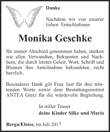 Traueranzeige von Monika Geschke von Ostthüringer Zeitung