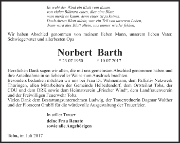 Traueranzeige von Norbert Barth von Thüringer Allgemeine